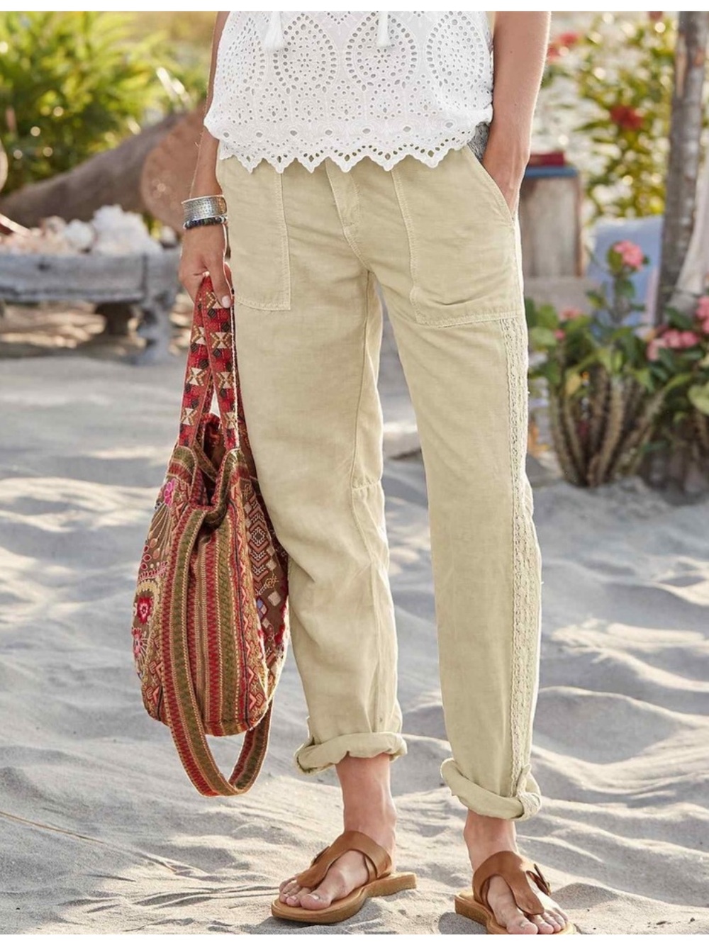Sundance Linen Organia Lace Trim Pants